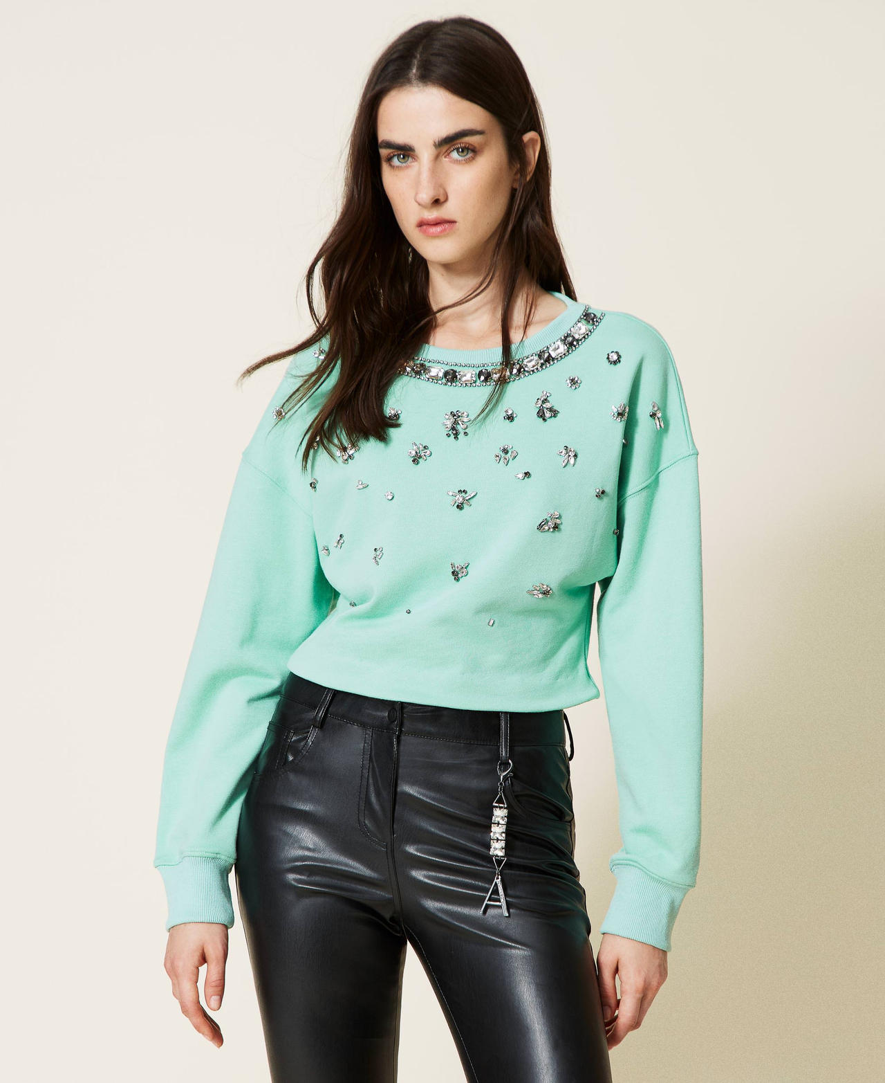 Short sweatshirt with handmade bezel embroidery "Lichen” Green Woman 222AP2053-02