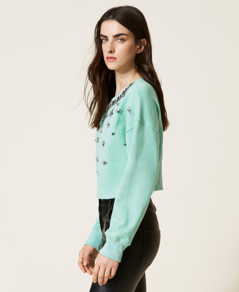 Short sweatshirt with handmade bezel embroidery "Lichen” Green Woman 222AP2053-03