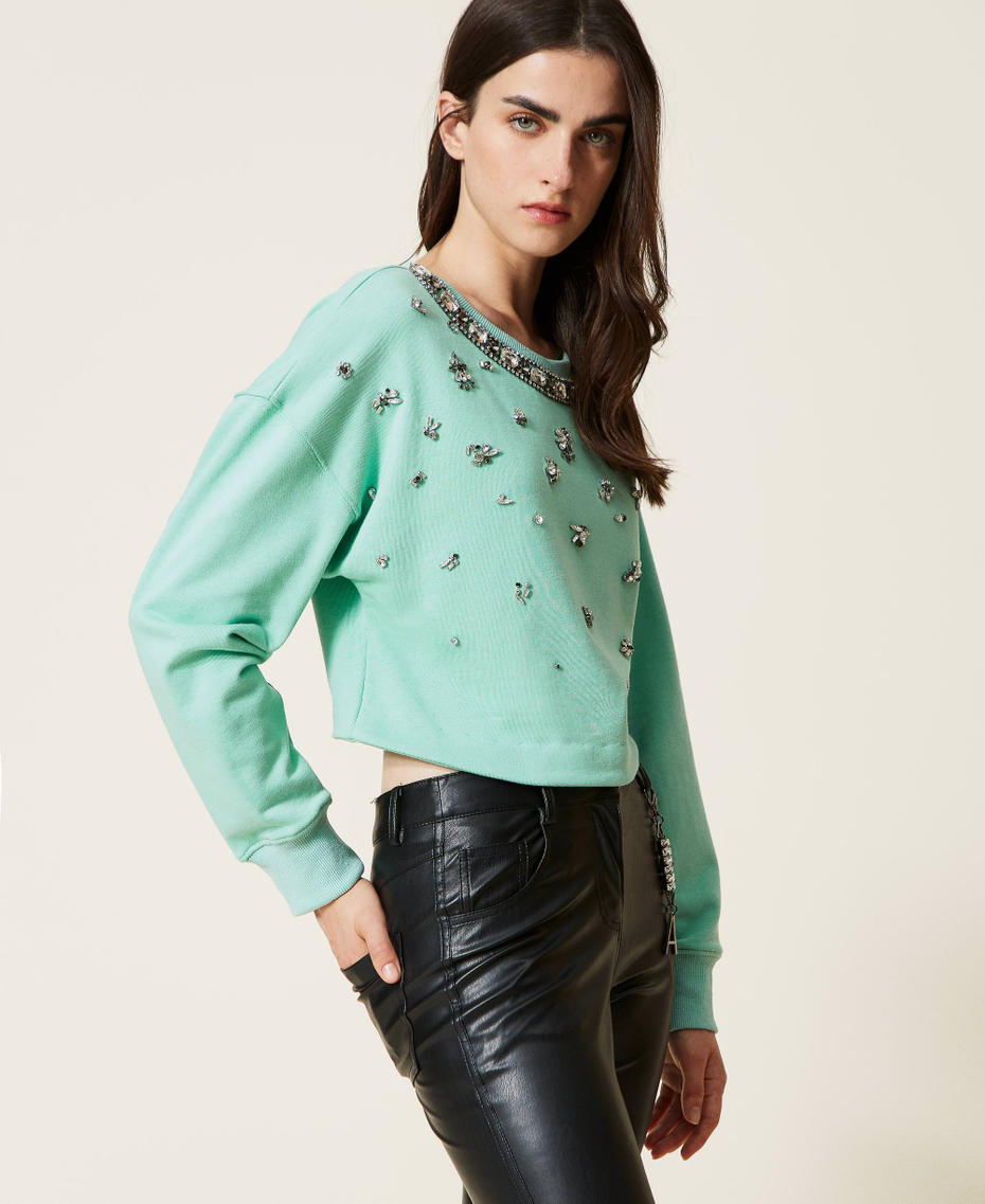 Short sweatshirt with handmade bezel embroidery "Lichen” Green Woman 222AP2053-04