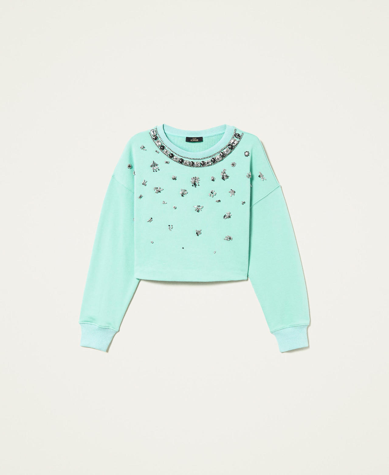 Short sweatshirt with handmade bezel embroidery "Lichen” Green Woman 222AP2053-0S