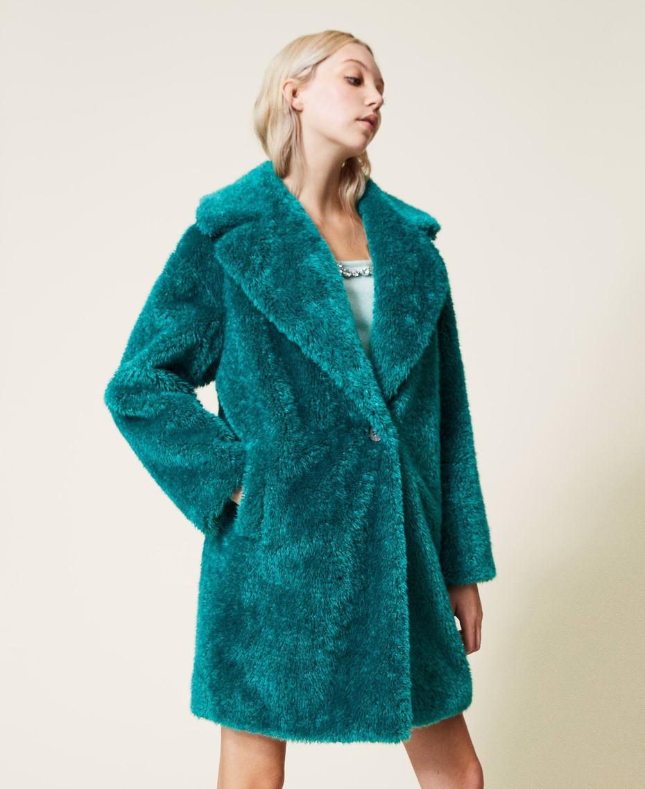 Single-breasted faux fur coat "Grass" Blue Woman 222AP2061-03