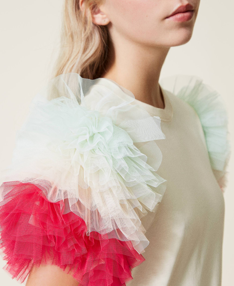 Floweritude t-shirt with tulle flounces Parchment Colour Mix Woman 222AP2075-05