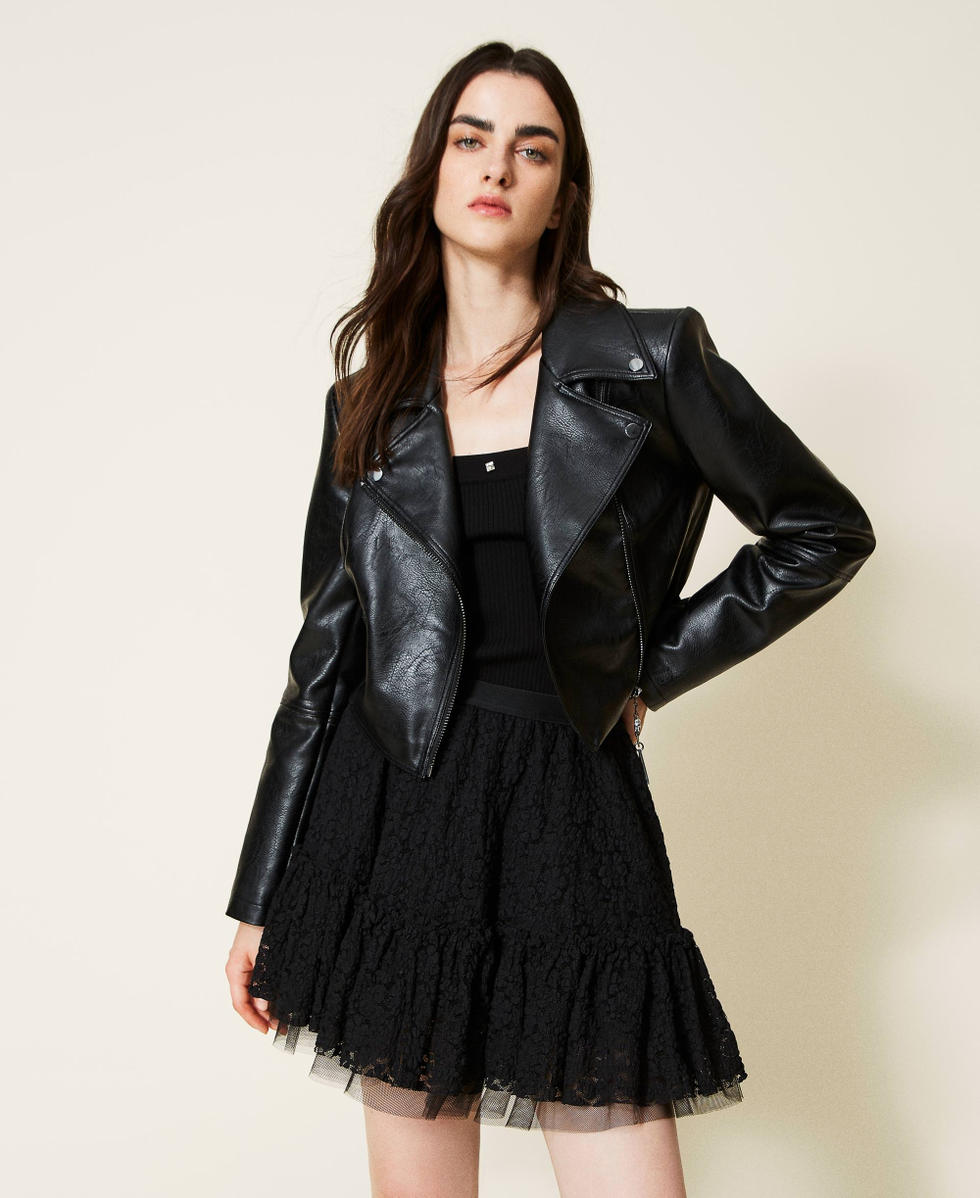 Biker jacket with logo puller