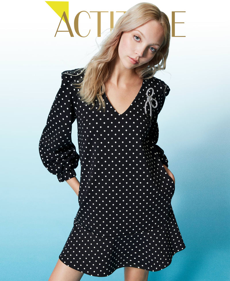 Short polka dot dress with brooch Two-tone Black / Lily Polka Dots Woman 222AP2114-01