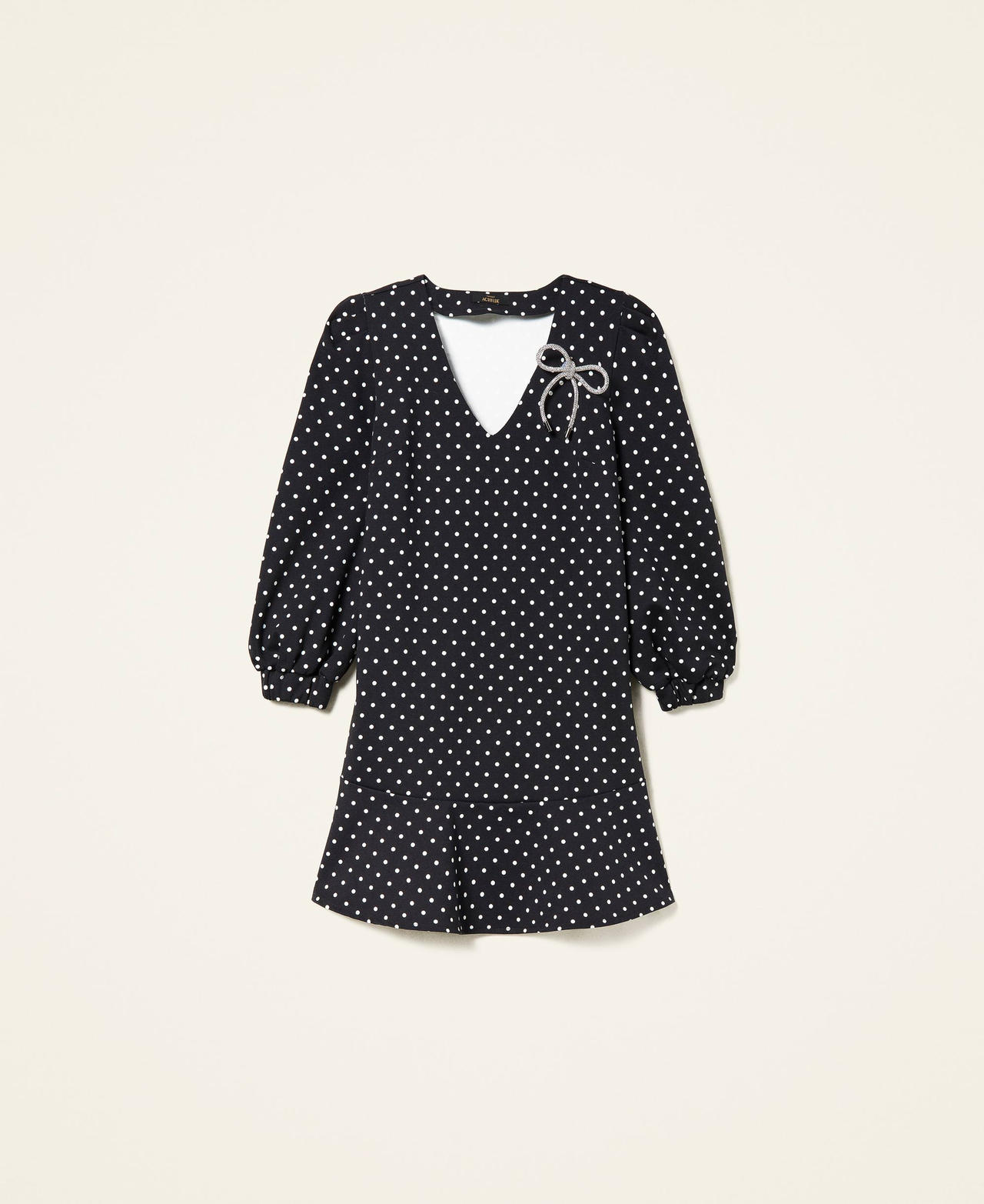Short polka dot dress with brooch Two-tone Black / Lily Polka Dots Woman 222AP2114-0S
