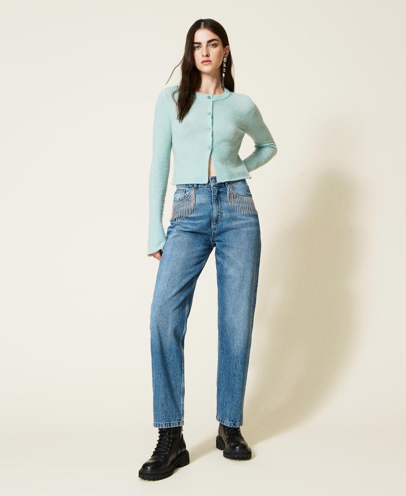 Jeans straight fit con frange di strass Blu "Denim Medio" Donna 222AP2272-02
