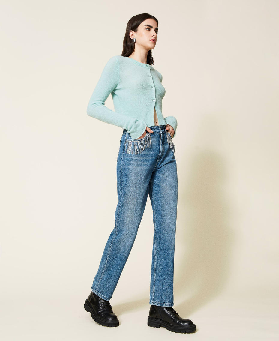 Jeans straight fit con frange di strass Blu "Denim Medio" Donna 222AP2272-03