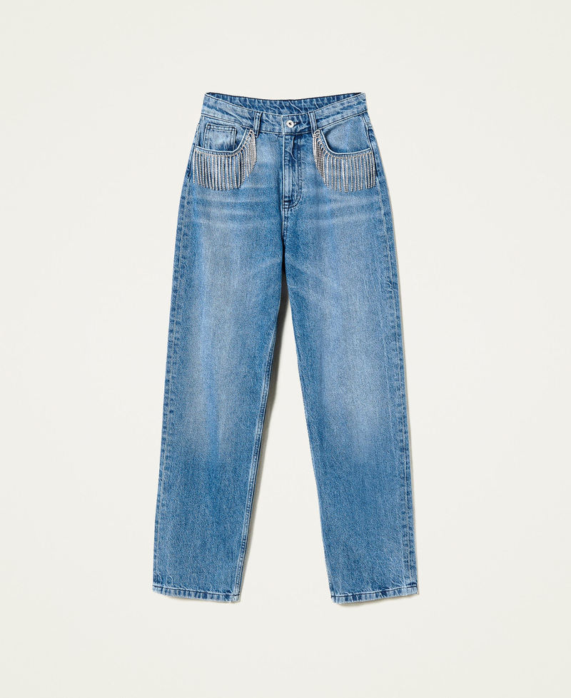 Jeans straight fit con frange di strass Blu "Denim Medio" Donna 222AP2272-0S