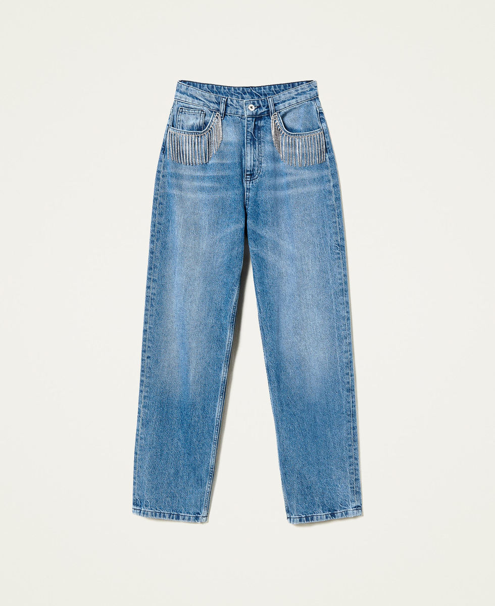Jeans straight fit con frange di strass Donna Blu TWINSET Milano