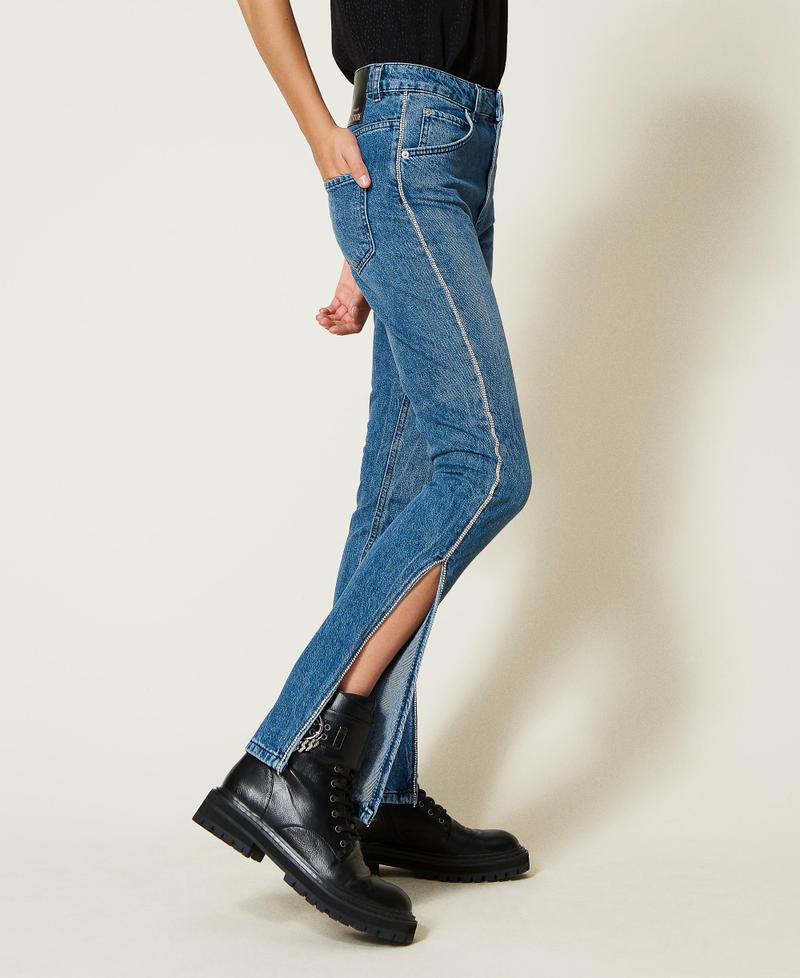 Slim fit jeans with rhinestones and slits "Mid Denim" Blue Woman 222AP2273-05