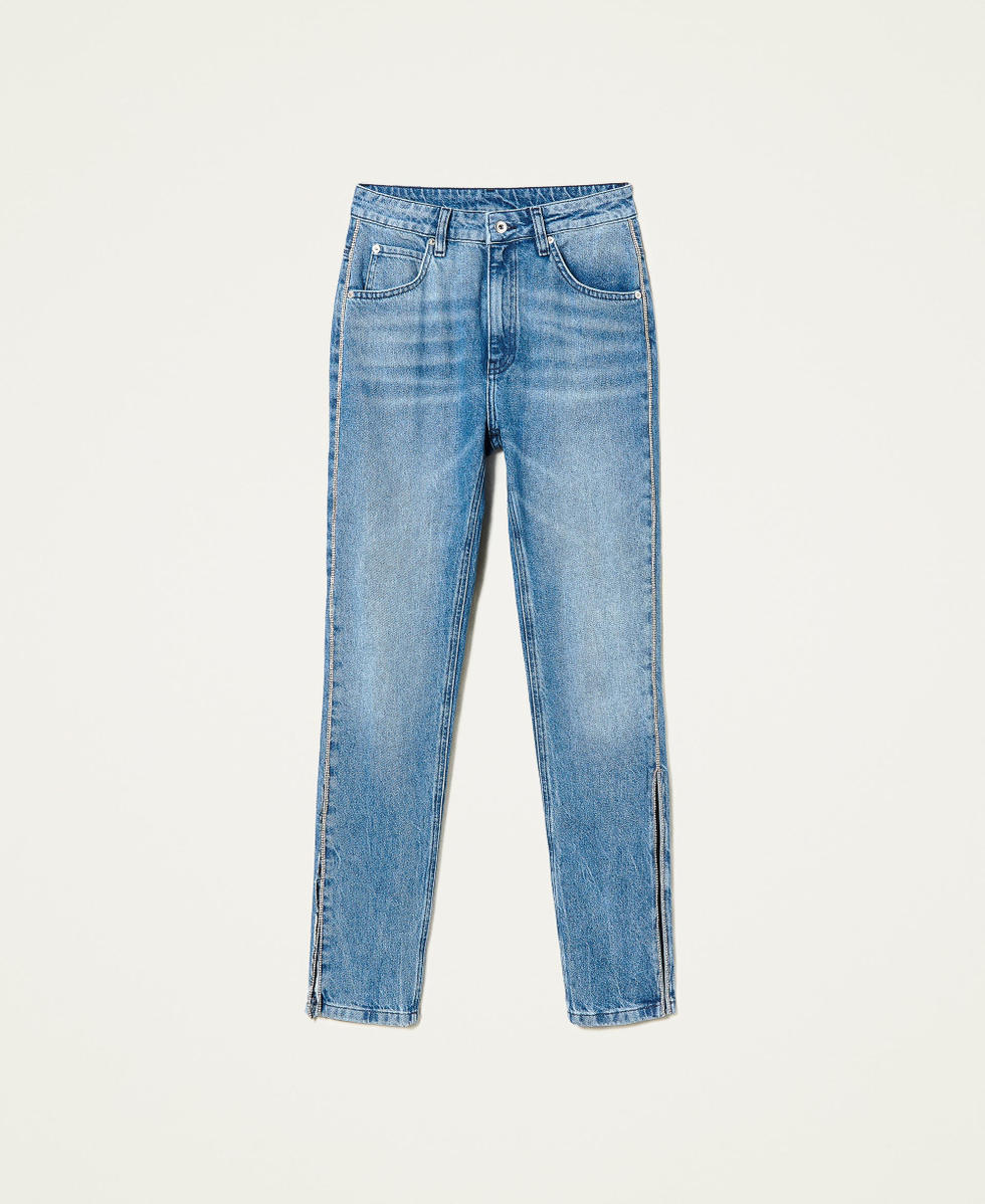 Slim fit jeans with rhinestones and slits