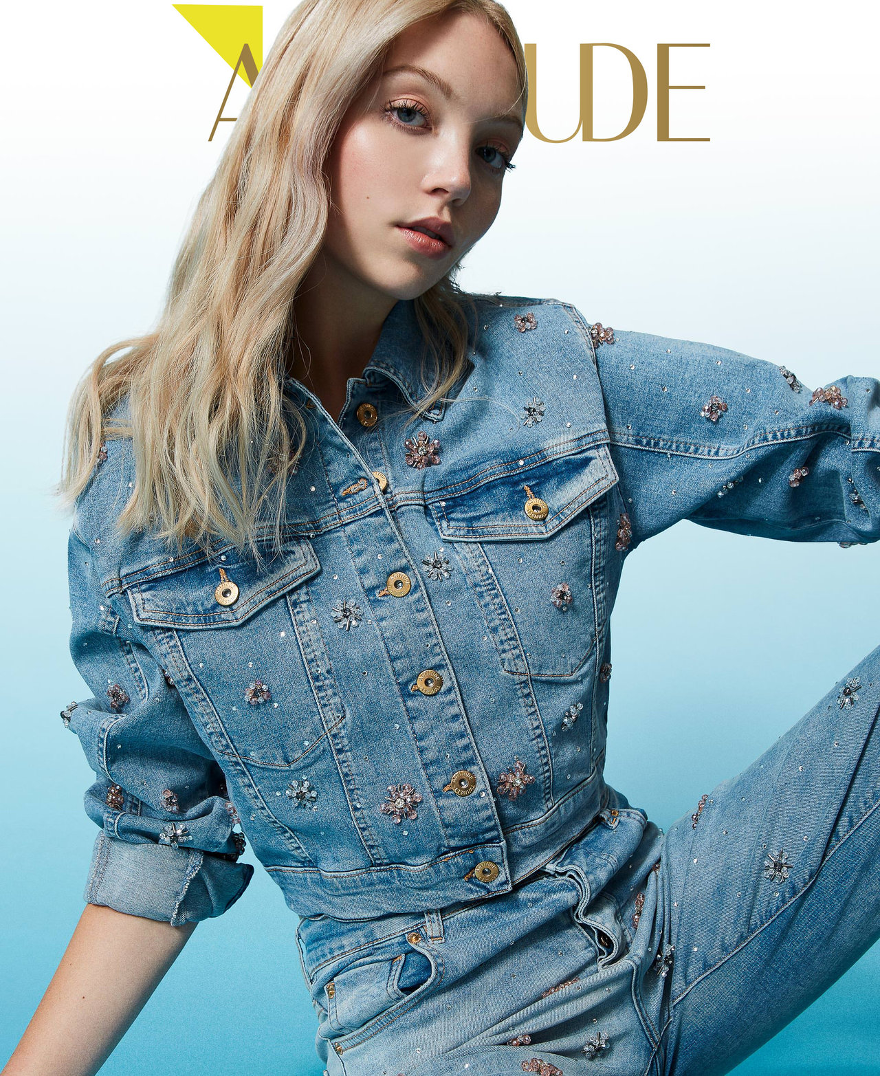 Denim jacket with bezel embroidery Woman, Light blue