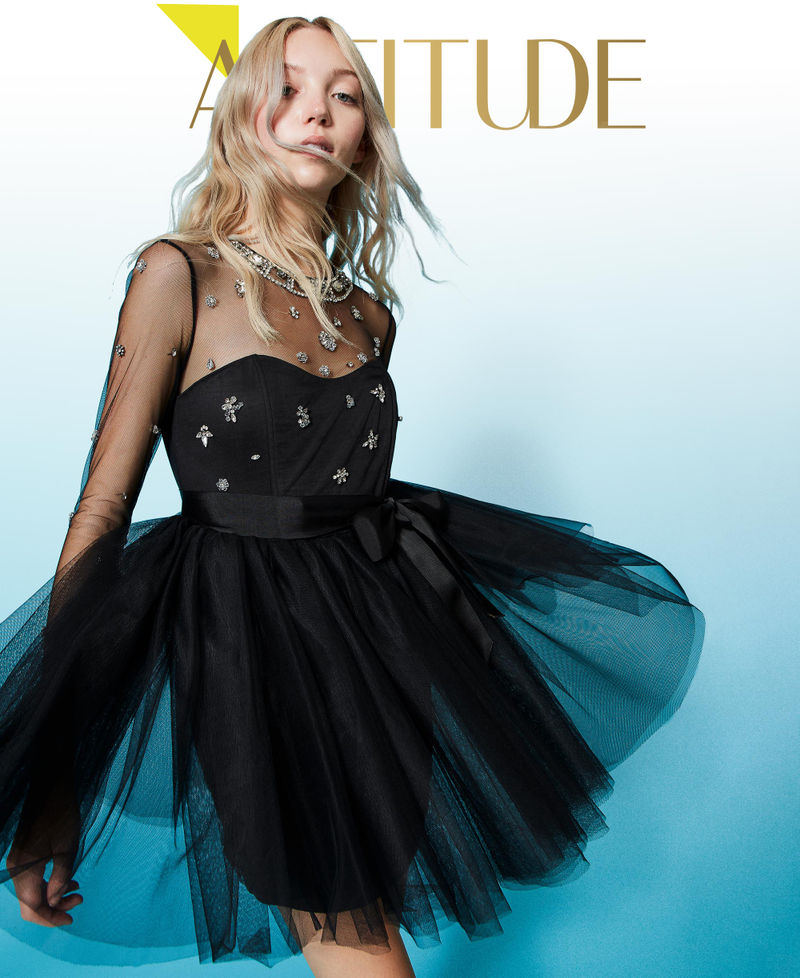 Satin and tulle dress with handmade embroidery Black Woman 222AP2360-01