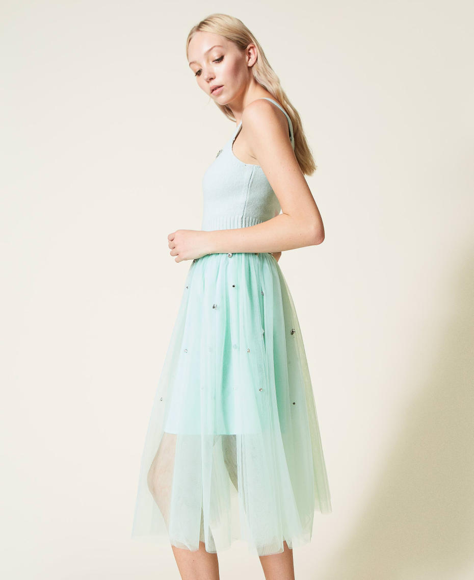 Light Green Retro Vintage Two Piece Set With Claudine Collar And Patchwork Tulle Skirt For Women