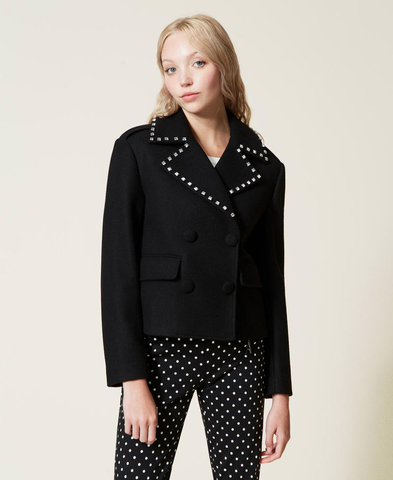 Wool cloth pea coat with embroideries Black Woman 222AP2371-02