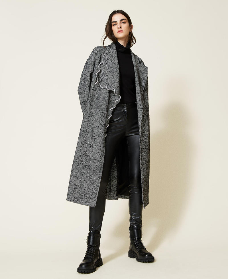 Long wool cloth coat with rhinestones "Parchment" Purple / Black Herringbone Woman 222AP237A-02