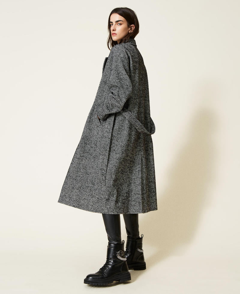 Long wool cloth coat with rhinestones "Parchment" Purple / Black Herringbone Woman 222AP237A-03