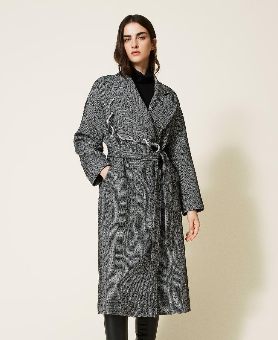 Long wool cloth coat with rhinestones "Parchment" Purple / Black Herringbone Woman 222AP237A-04