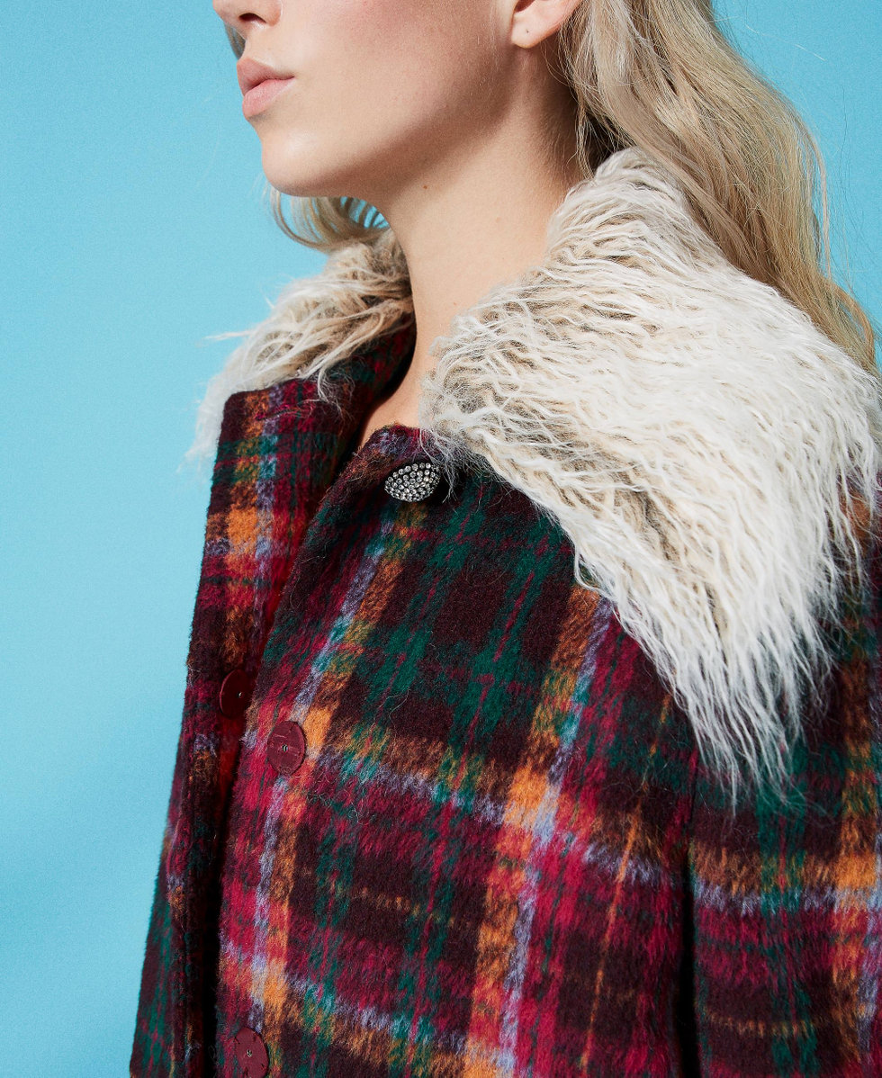 Checked coat sale with fur collar