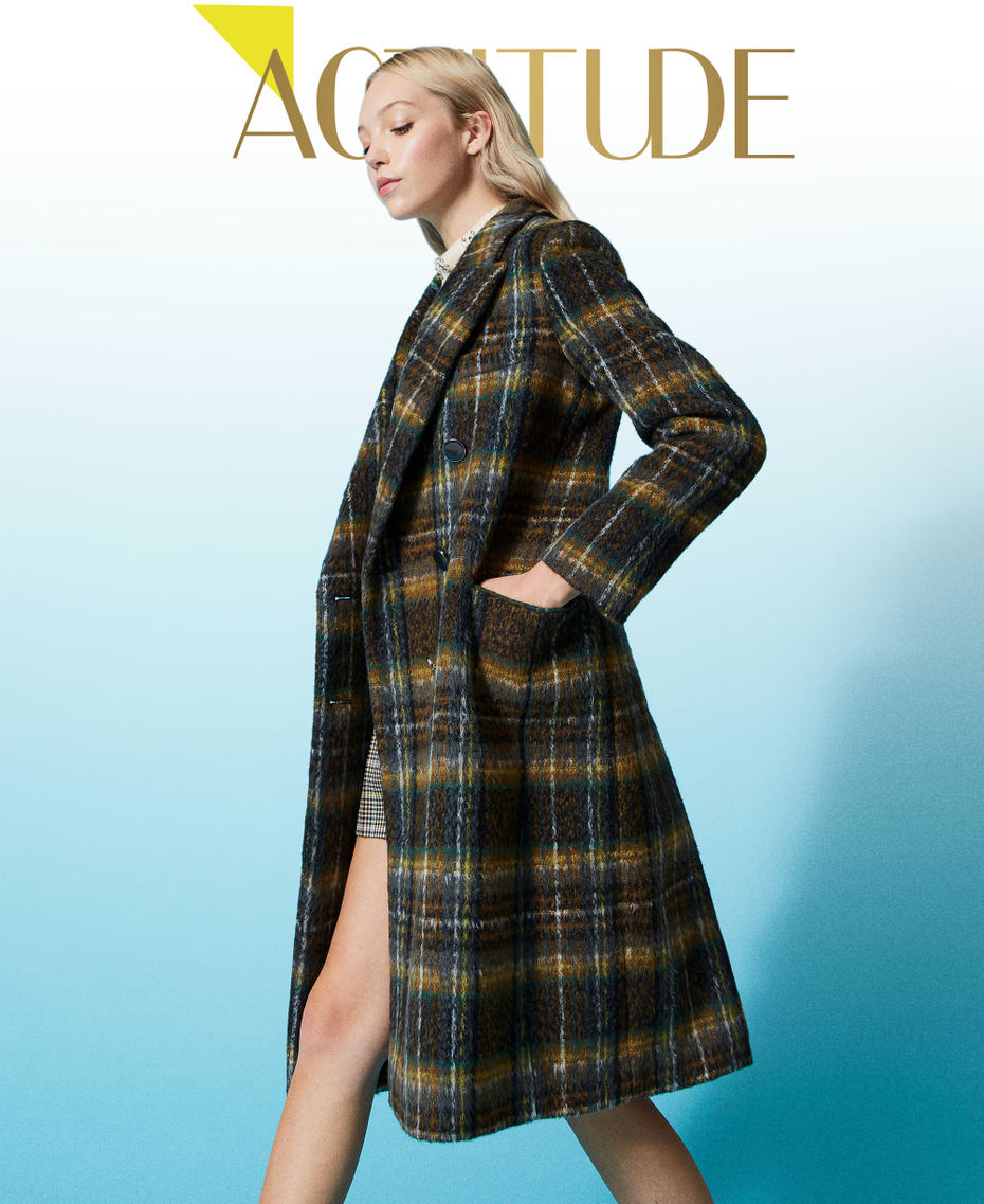 Chequered wool cloth long coat