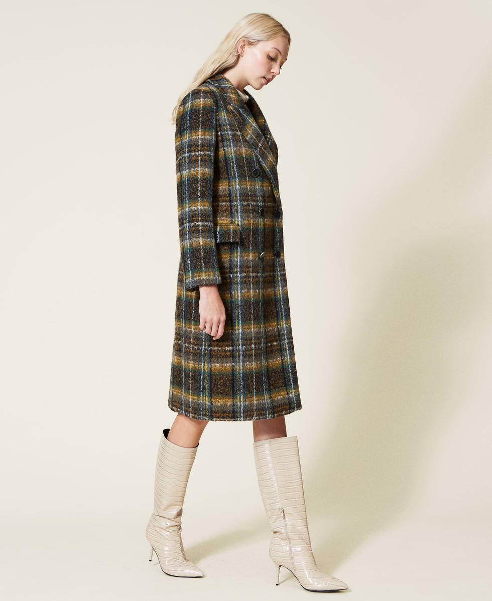 Chequered wool cloth long coat Woman Brown TWINSET Milano