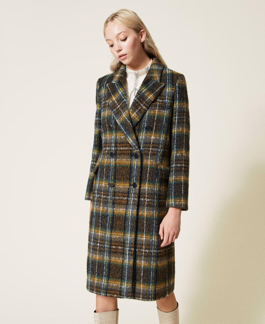 Chequered wool cloth long coat