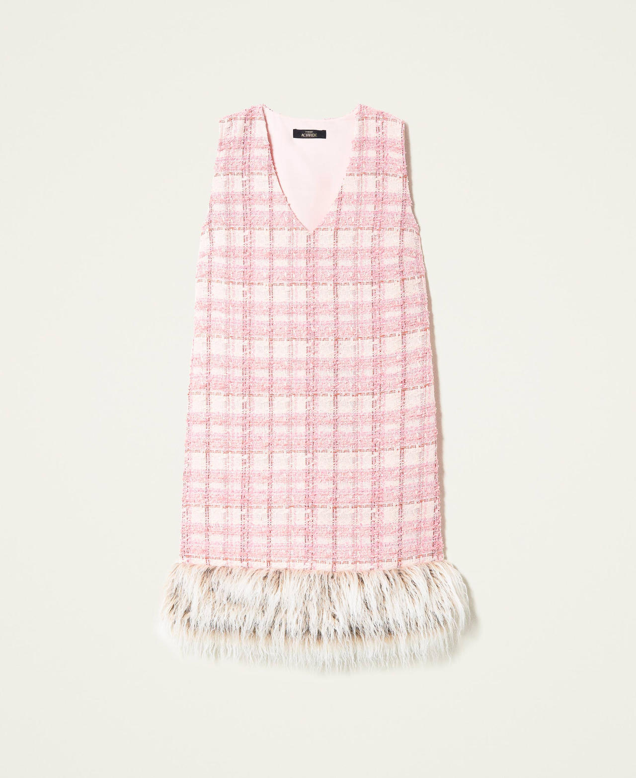 Fitted bouclé dress with faux fur "Icing" Pink Bouclé Woman 222AP2390-0S