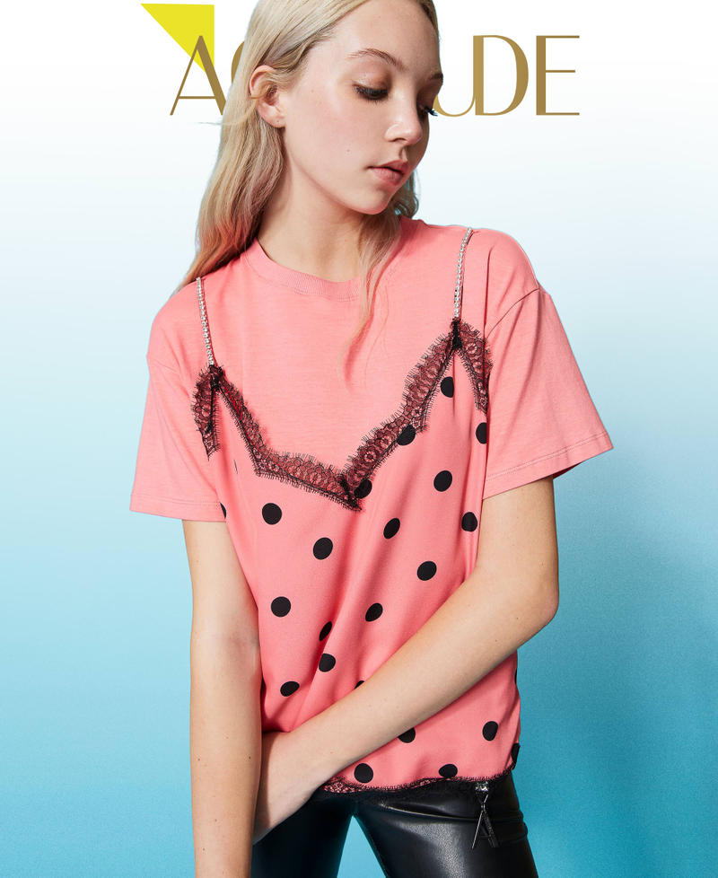 T-shirt with bustier-effect polka dot insert