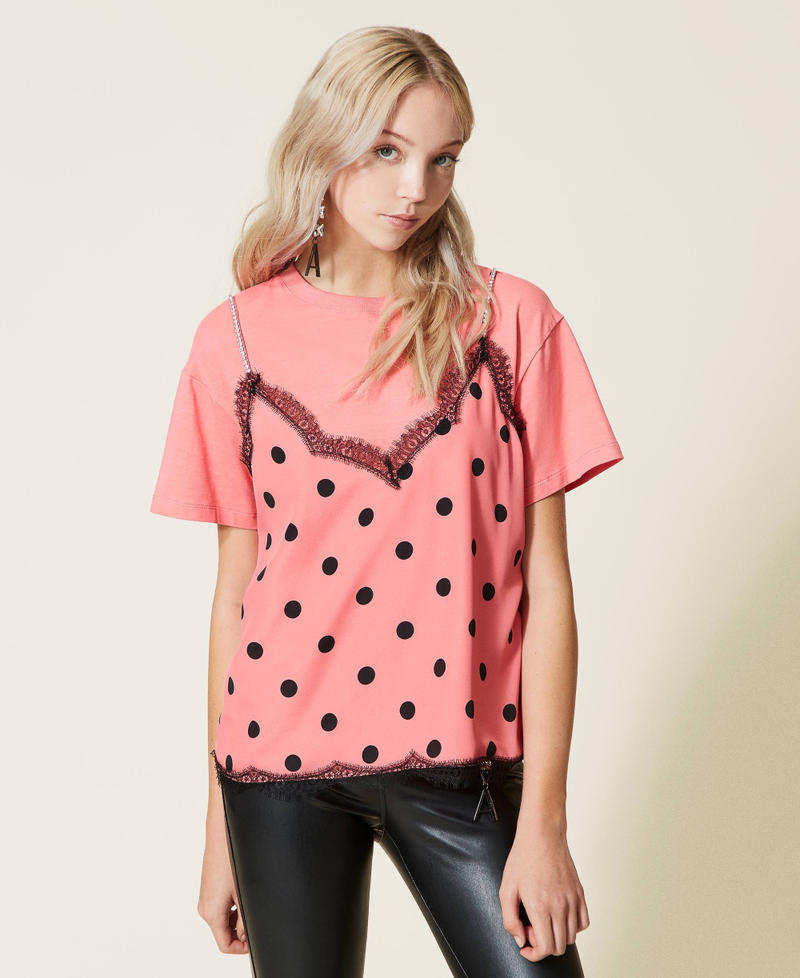 T-shirt with bustier-effect polka dot insert