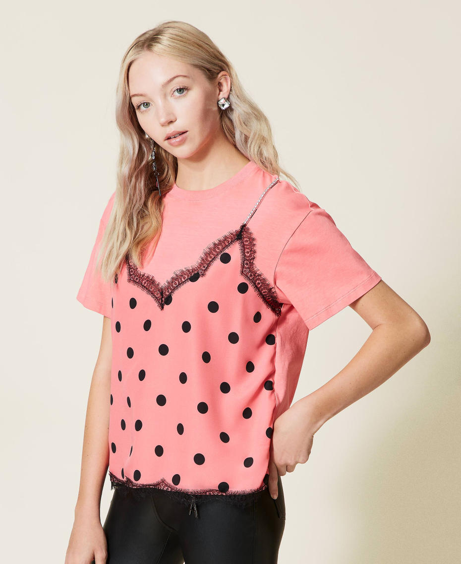 T-shirt with bustier-effect polka dot insert