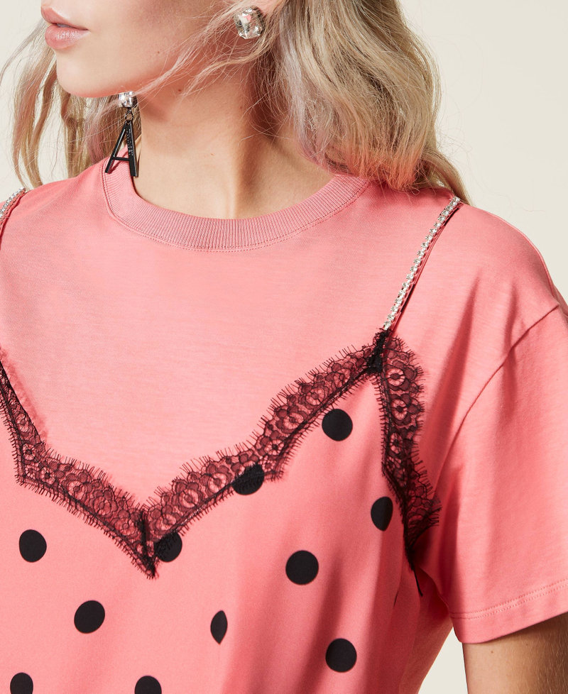 T-shirt with bustier-effect polka dot insert