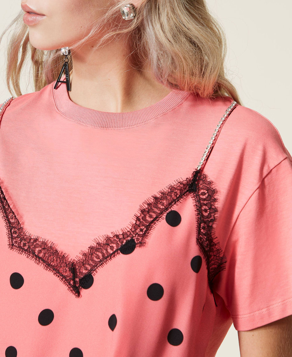 T-shirt with bustier-effect polka dot insert