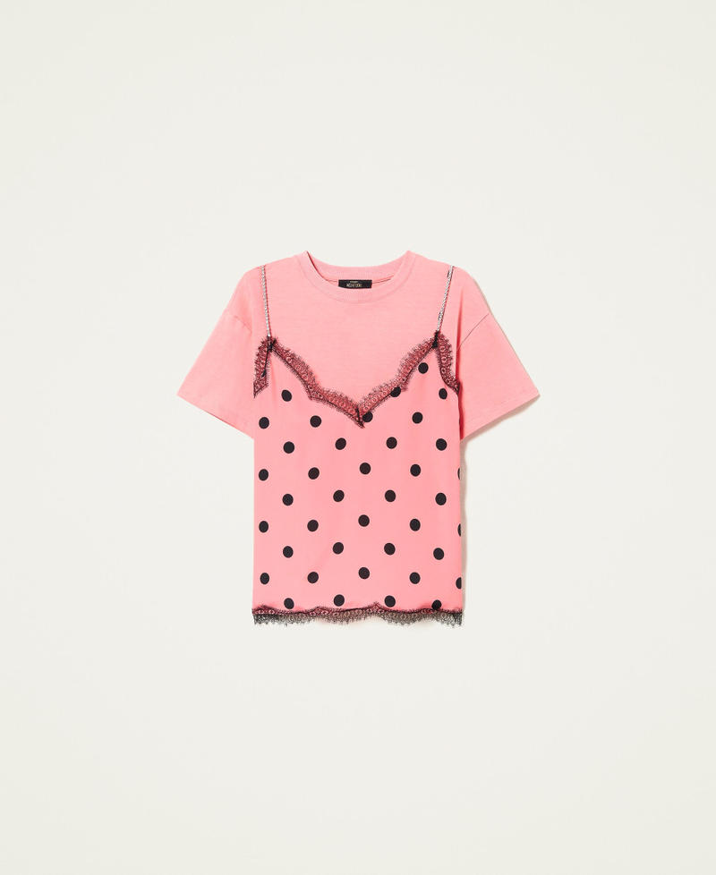 T-shirt with bustier-effect polka dot insert