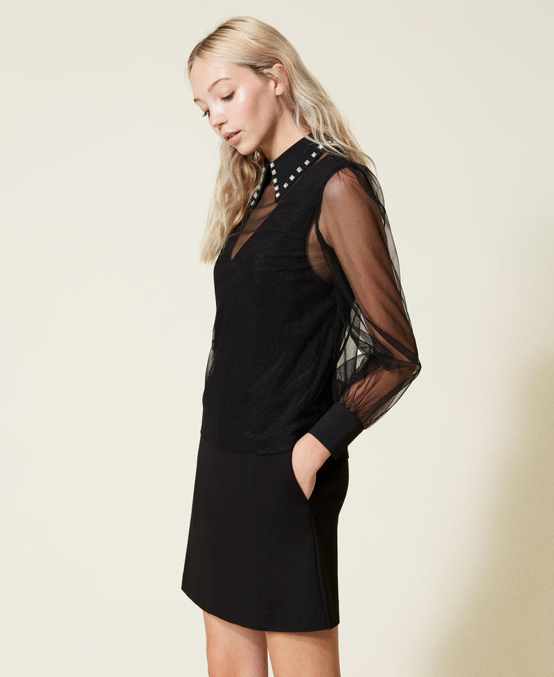 Short dress and tulle blouse with embroideries Black Woman 222AP2652-03