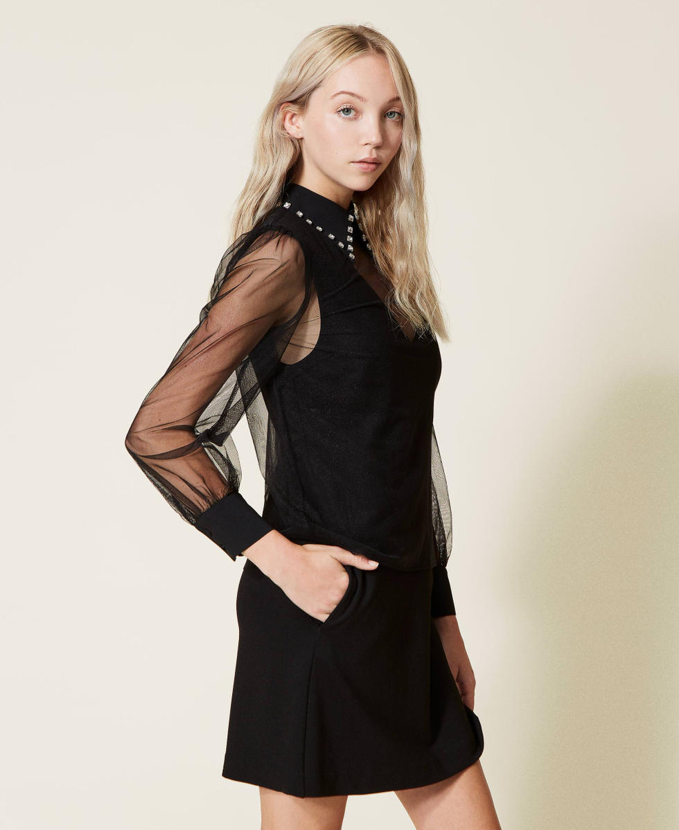 Black Sheer Tulle Shirt Dress