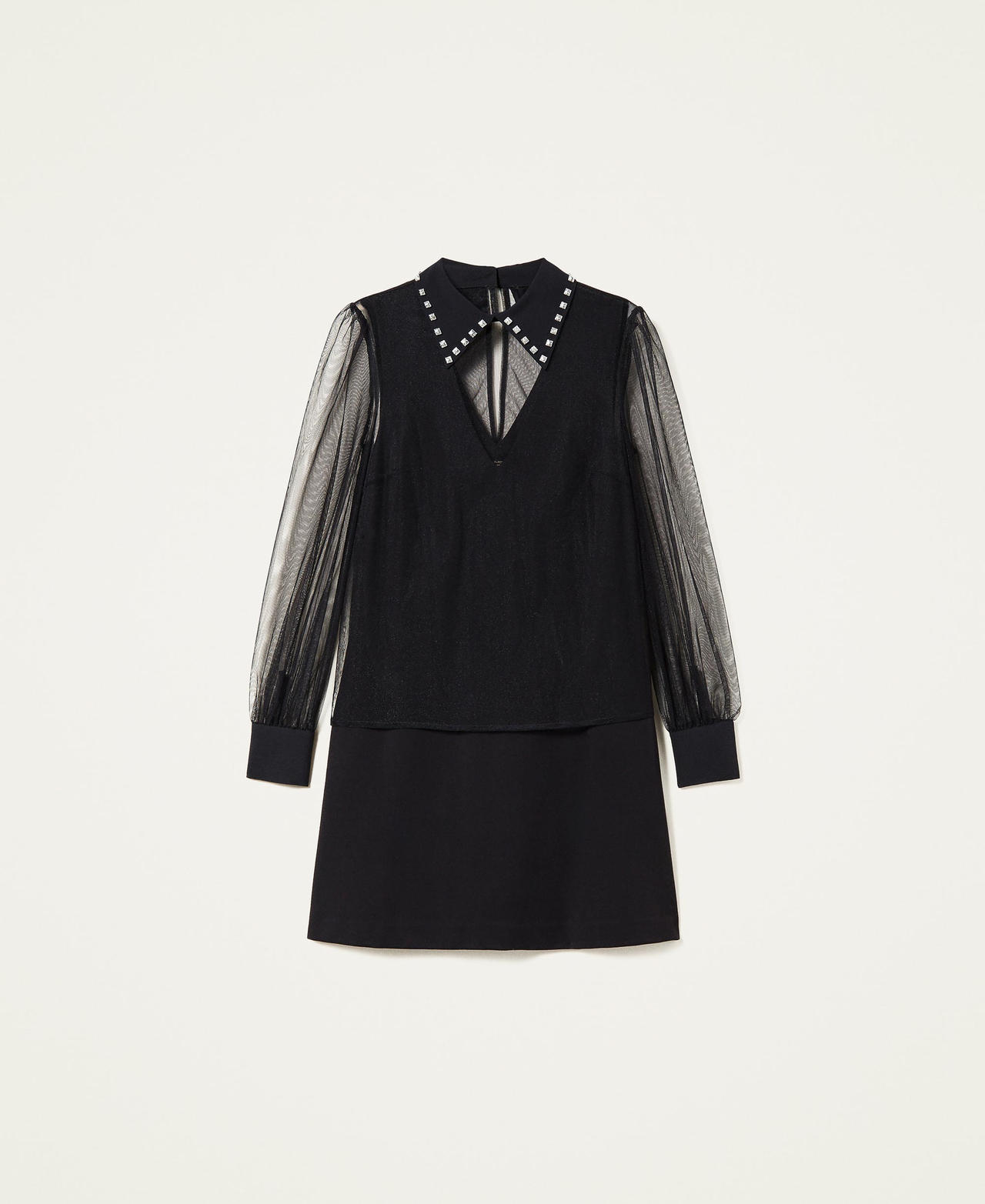 Robe courte et blouse en tulle avec broderies Noir Femme 222AP2652-0S