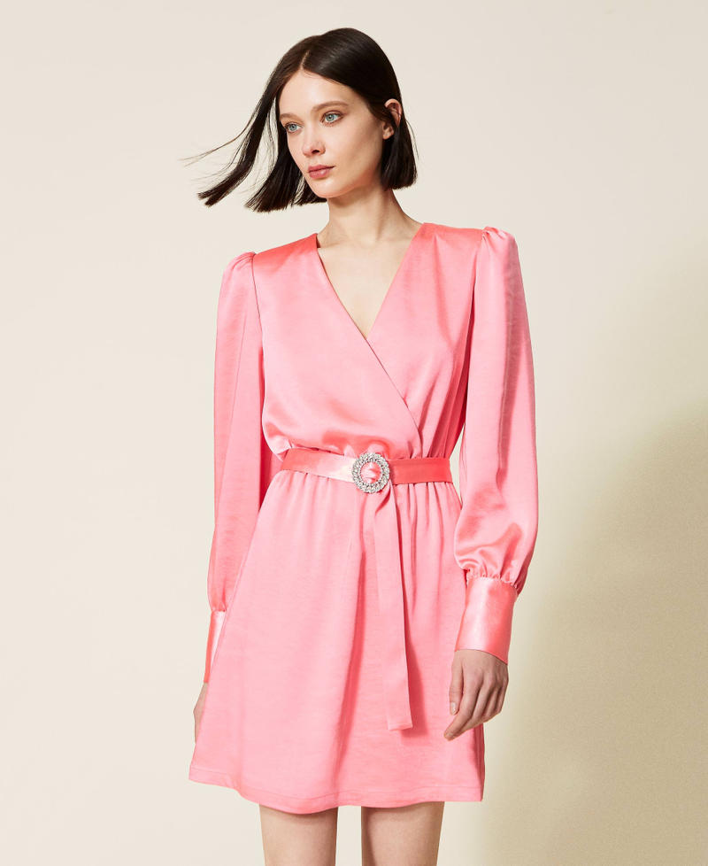 Satin dress with belt Fluorescent Pink Woman 222AP2664-02