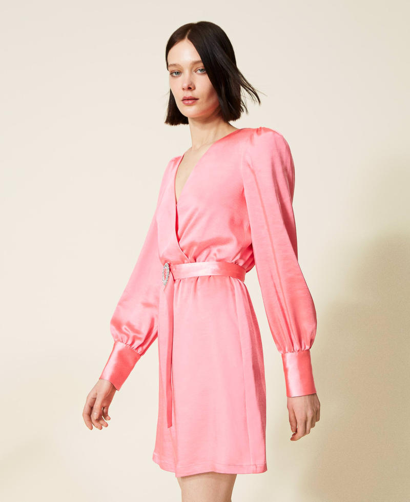 Satin dress with belt Fluorescent Pink Woman 222AP2664-03