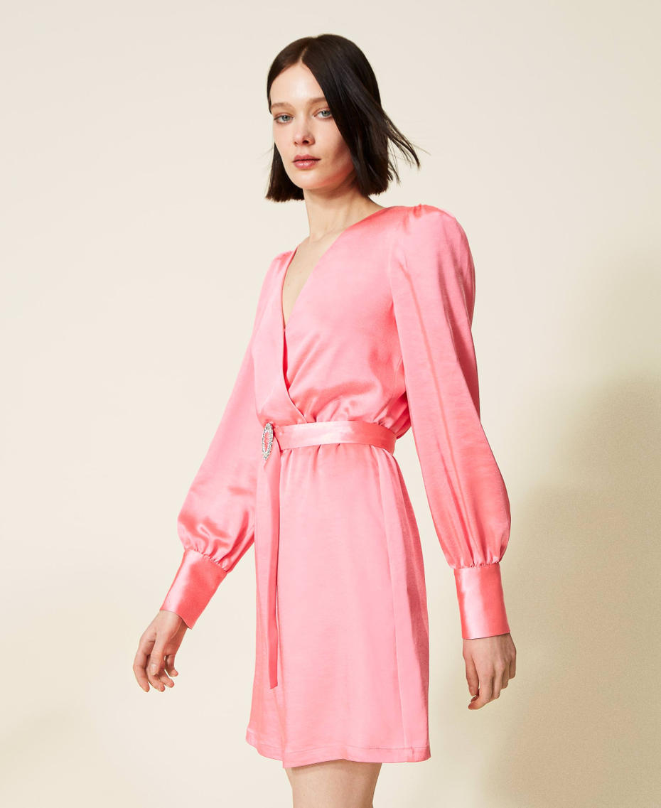 Satin dress with belt Fluorescent Pink Woman 222AP2664-03