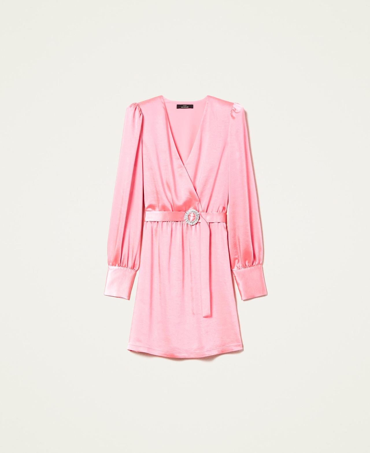 Satin dress with belt Fluorescent Pink Woman 222AP2664-0S
