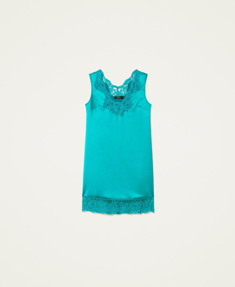 Короткое платье-комбинация из атласа с кружевом Синий "Голубоглазка" женщина 222AP266B-0S