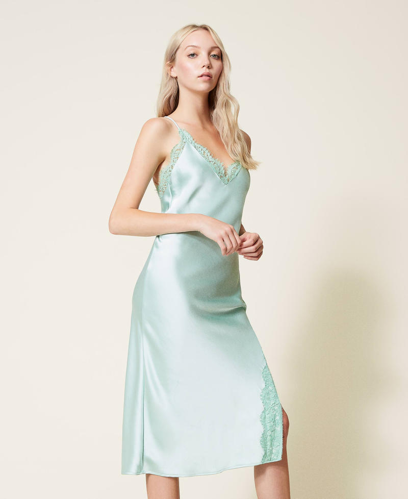 Satin slip dress with lace and slit "Lichen” Green Woman 222AP266E-03