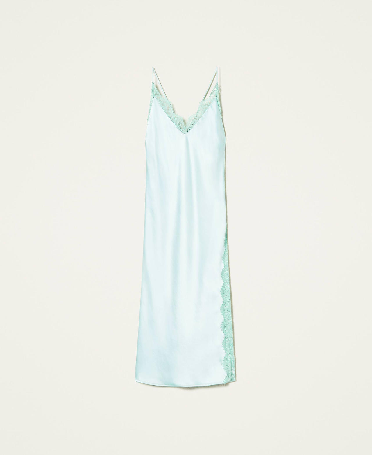 Satin slip dress with lace and slit