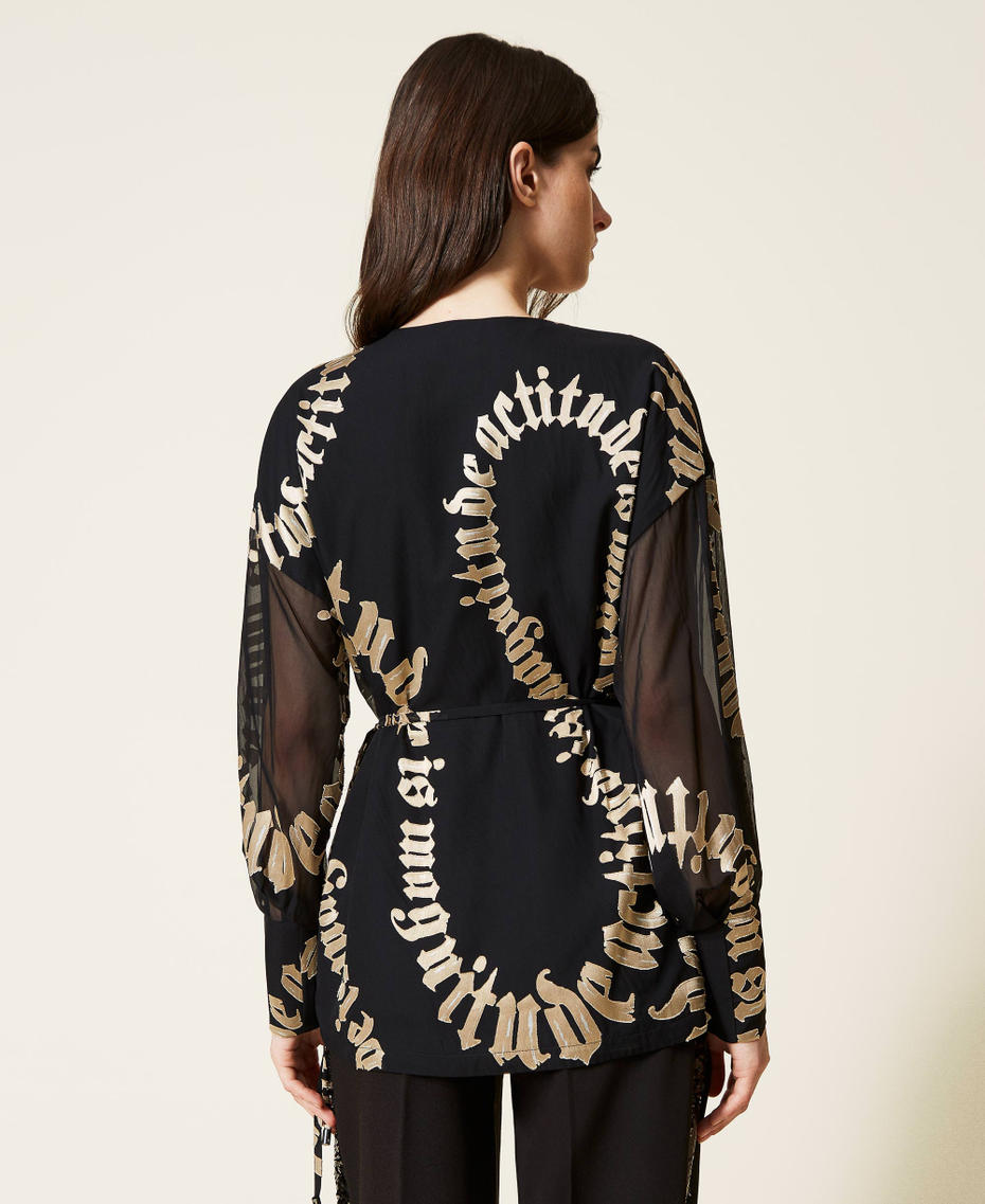 Kimono shirt with dévoré print Black Actitude is Magnitude Print Woman 222AP2783-04