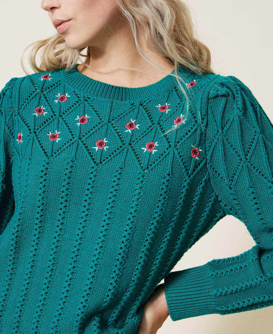 Pull en laine mélangée avec broderie florale Femme, Bleu | TWINSET Milano