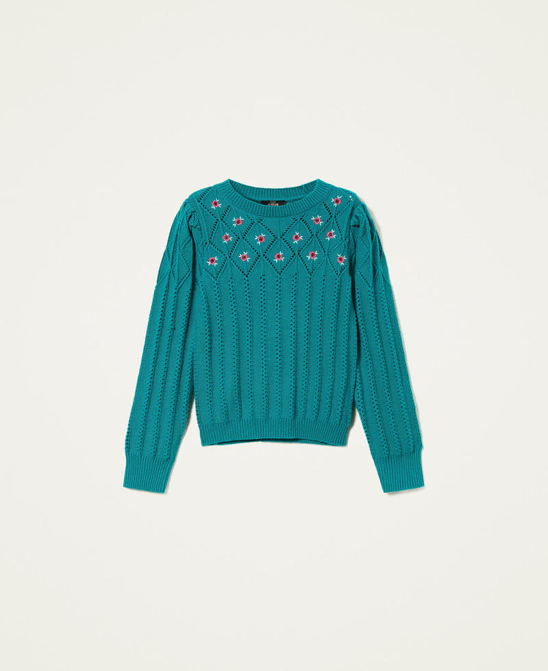 Pullover aus Wollmischgarn mit Blumenstickerei „Blue Grass“-Blau Frau 222AP3092-0S