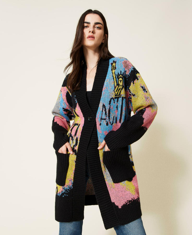 Jacquard wool blend cardigan Black Multicolour Woman 222AP3250-02