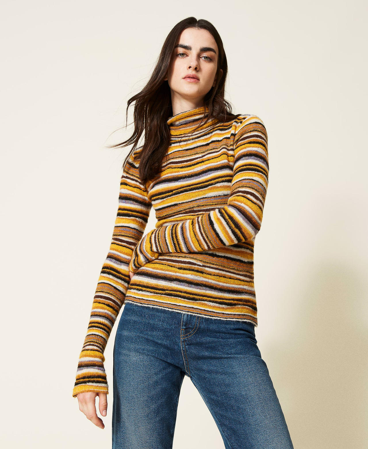 Pull col montant ajusté multicolore Multicolore Marron « Mustard » Femme 222AP3353_10243_02