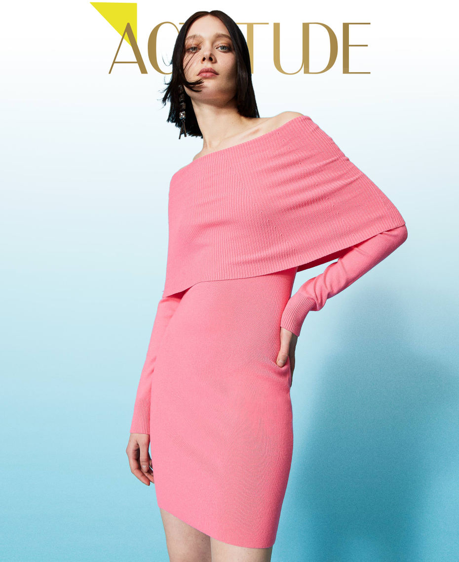 Fitted knit dress with maxi collar Fluorescent Pink Woman 222AP3380-01