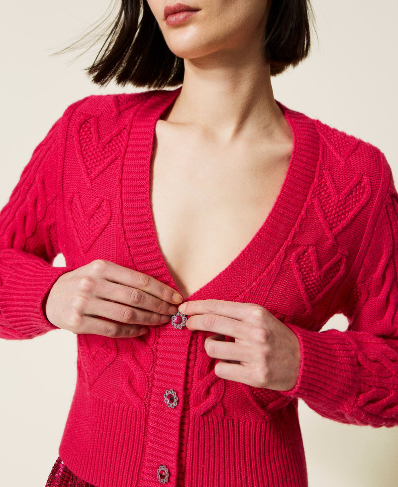 Short cardigan with cable knit and hearts "Bright Rose” Pink Woman 222AP3412-05